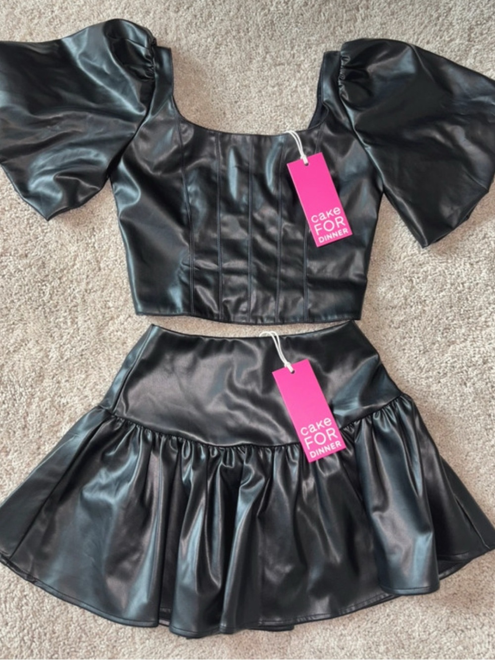 NWT Cake For Dinner Black Faux Leather Libra Skirt Set Puff Crop Top XXS